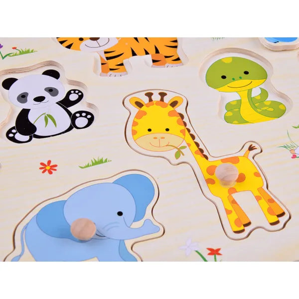 Állatos fa puzzle fogantyúkkal, 10 darabos Montessori