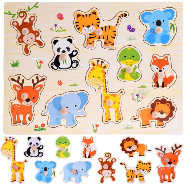 Állatos fa puzzle fogantyúkkal, 10 darabos Montessori