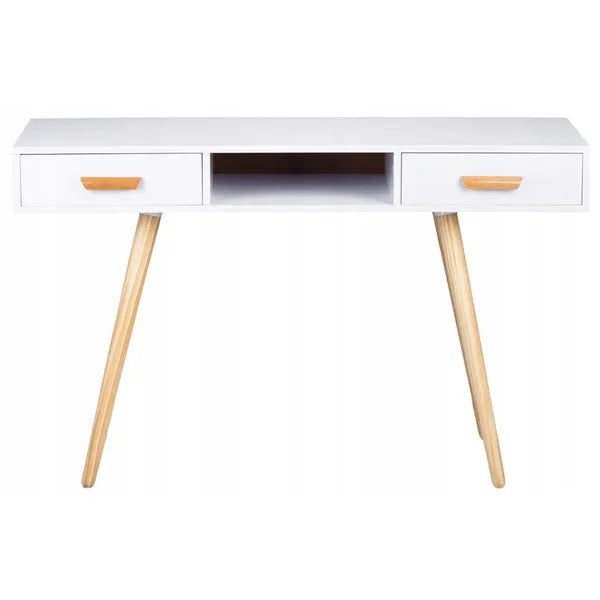 Modern fehér sminkasztal/íróasztal 120×45×75 cm, fenyőfa lábakkal, 2 fiókkal
