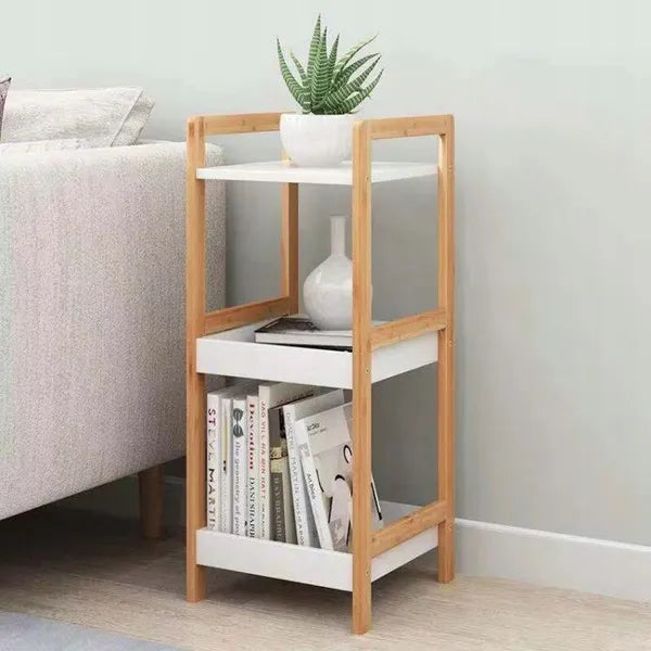 Bambusz könyvespolc 3 polccal, fehér MDF lapok, 72×29×30 cm