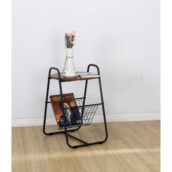 Loft éjjeliszekrény/dohányzóasztal, fém váz, MDF lap, újságtartó, 39,5×47×64 cm