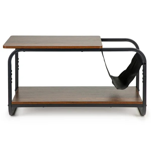Modern loft dohányzóasztal, 2 szintes, MDF 86,5×40×46 cm, fekete fém vázzal