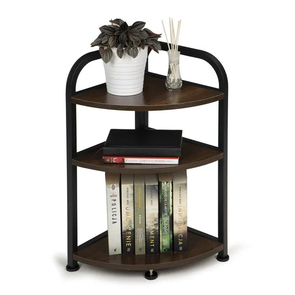 Loft sarokpolc porszórt fém vázzal, 3 sötétbarna fa polc, 32×62 cm