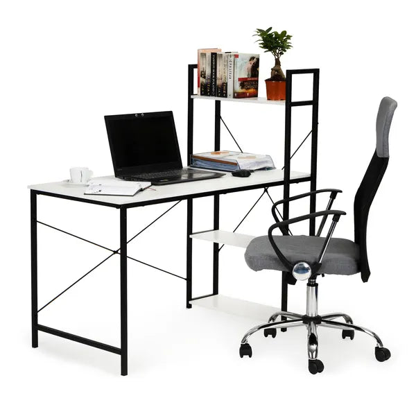 Loft íróasztal 120×64 cm, fehér MDF lap, 4 polcos fém könyvespolc