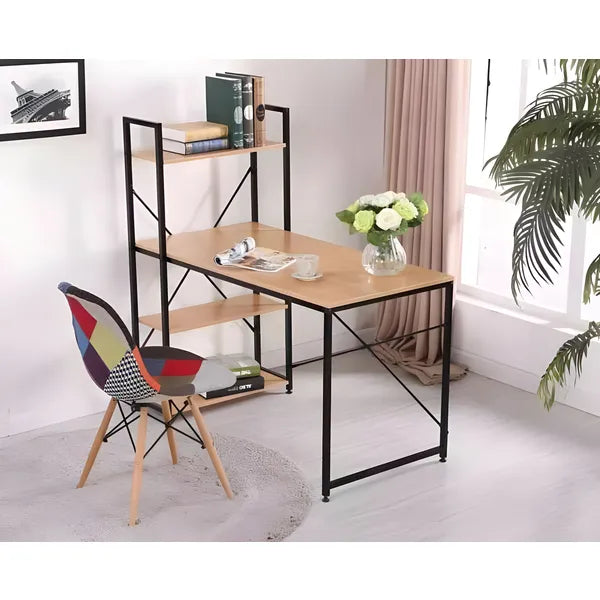 Loft stílusú fa-fém számítógép asztal, 120x64 cm, 4 polcos állvánnyal