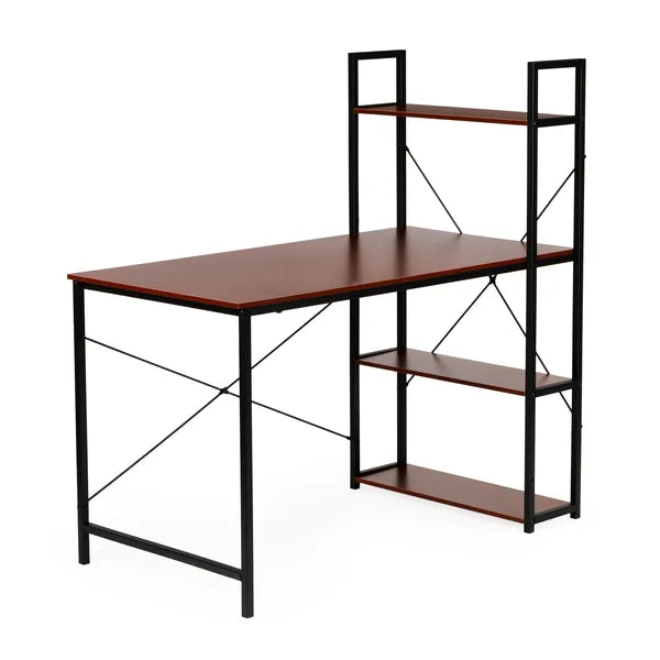 Loft stílusú fa–fém számítógépasztal, 120×64 cm, 4 polccal