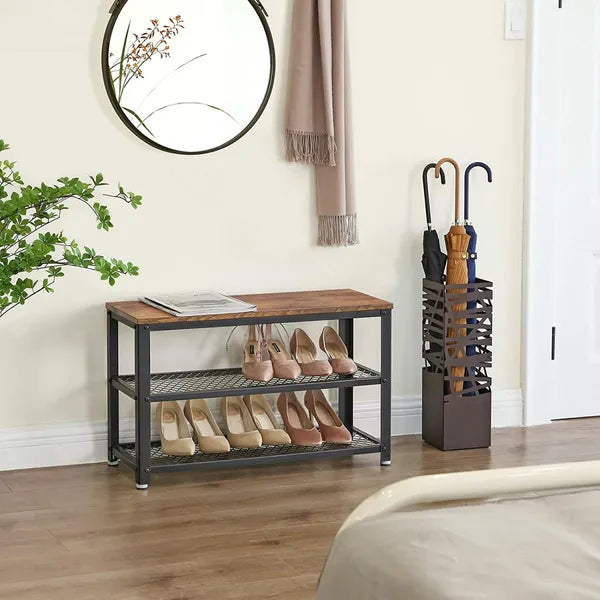 Loft cipősszekrény ülőkével, 2 polc, fém-fa, 73×30×45 cm, rusztikus barna