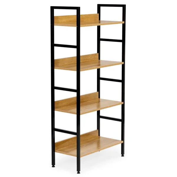 Loft stílusú 4 polcos fa–fém könyvespolc, 60x28x125 cm, állítható lábakkal