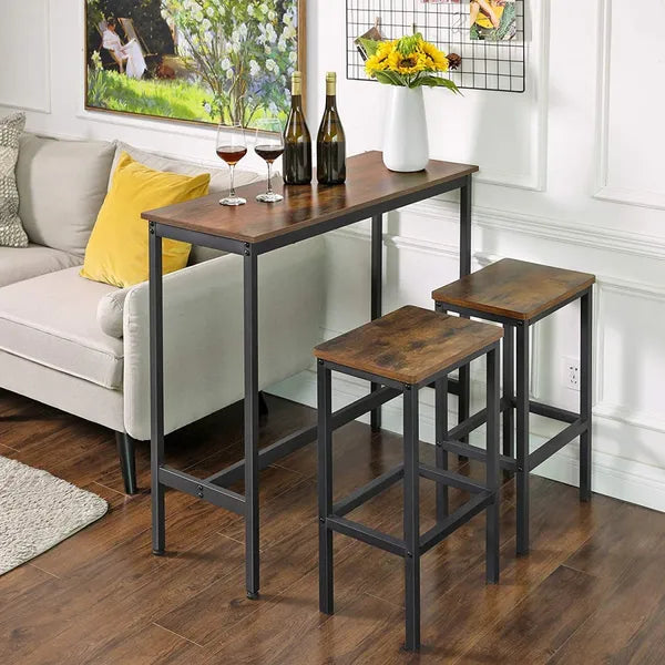 Magas, keskeny loft bárasztal 2 székkel, 100×40×90 cm, acél vázzal
