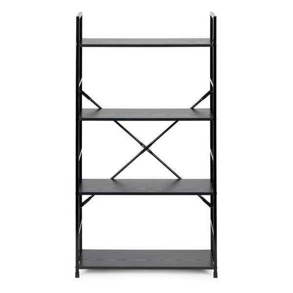 Loft stílusú 4 polcos könyvespolc, MDF/fém, 113 cm, fekete