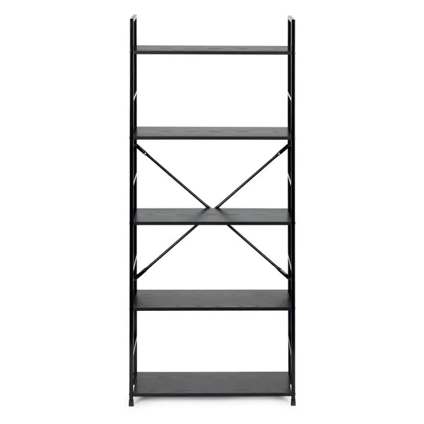 Loft stílusú fekete fém-fa könyvespolc 5 polccal, 144 cm