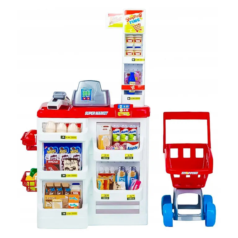 Gyermek Supermarket Készlet - 3 Éves Kor Felett, 47 Darabos, Pénztárgéppel, Beepelő Szkennerrel és Mérleggel