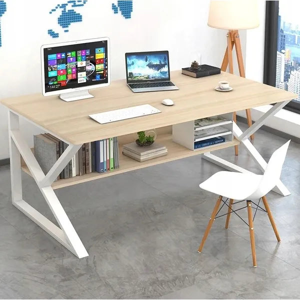 Íróasztal polccal, 100×60 cm, világosbarna lap, fehér fém váz