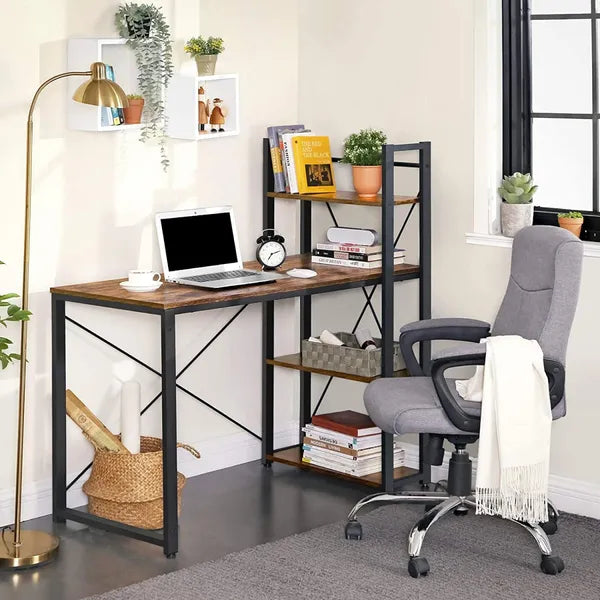 Íróasztal loft stílusban, 120×60 cm, 4 polccal, barna/fekete fémvázzal