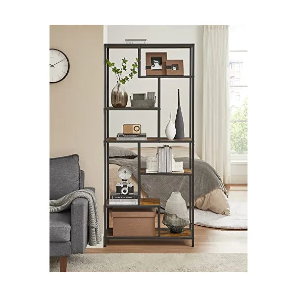 Loft stílusú, rusztikus barna-fekete könyvespolc 6 polccal, 80×30×180 cm