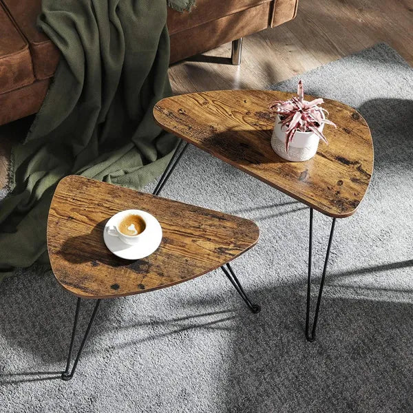 Kétrészes loft rusztikus dohányzóasztal szett, acél váz, 60/52 cm