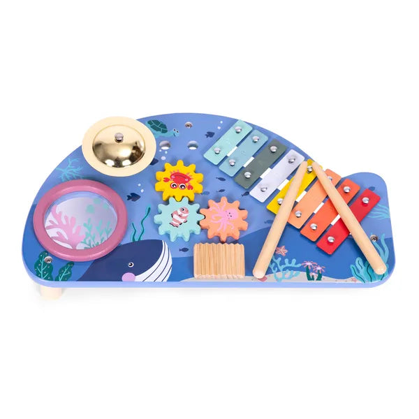 ECOTOYS fa bálna hangszerasztal xilofon, dob, cintányér, csörgő 18 hó+