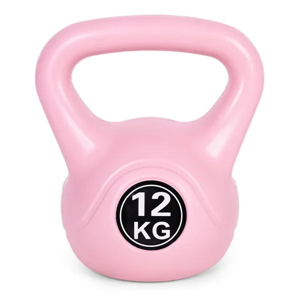 12 kg rózsaszín műanyag burkolatú kettlebell ergonomikus fogantyúval
