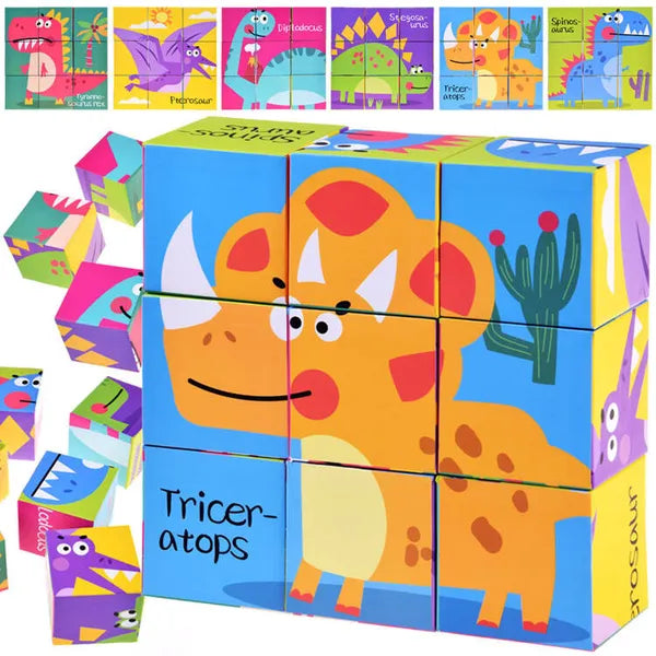Dinókocka puzzle készlet, 9 db nagy kartonkocka, 6 kép