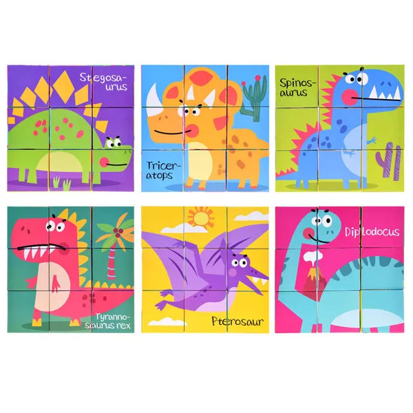 Dinókocka puzzle készlet, 9 db nagy kartonkocka, 6 kép