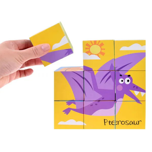 Dinókocka puzzle készlet, 9 db nagy kartonkocka, 6 kép