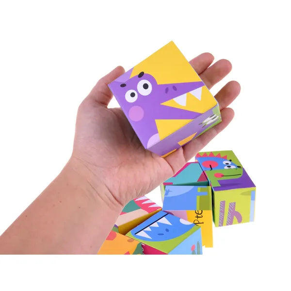 Dinókocka puzzle készlet, 9 db nagy kartonkocka, 6 kép