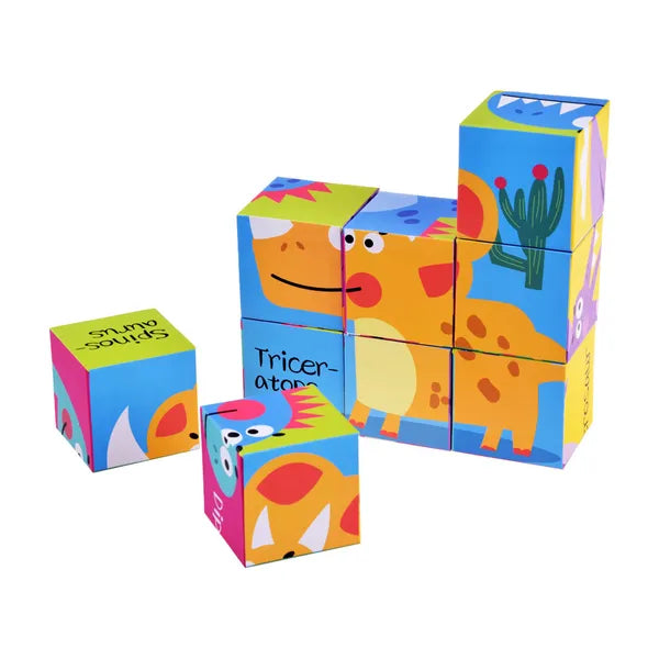 Dinókocka puzzle készlet, 9 db nagy kartonkocka, 6 kép