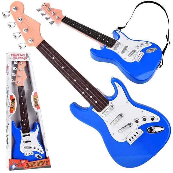 Elektromos gyerekjáték gitár rock hangzással, 44 cm, pánttal, AA elemes