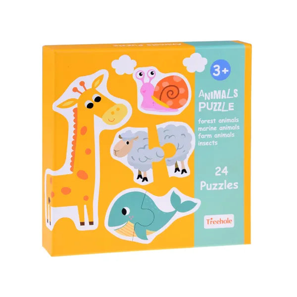 Színes, 24 darabos állatos két-részes karton puzzle, 3+ év