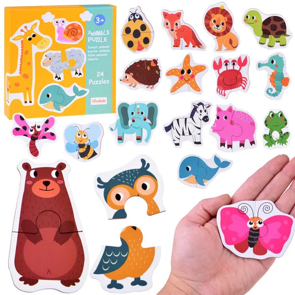 Színes, 24 darabos állatos két-részes karton puzzle, 3+ év