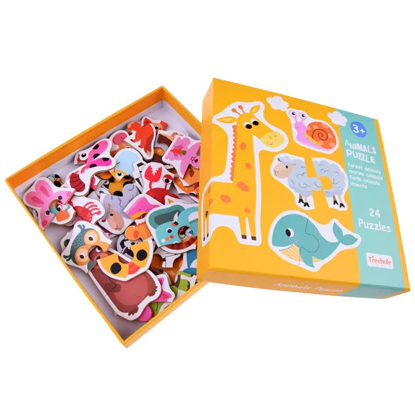 Színes, 24 darabos állatos két-részes karton puzzle, 3+ év