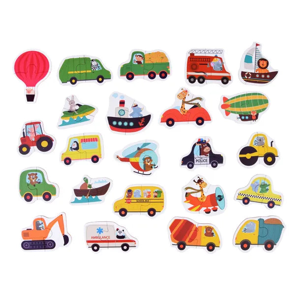 Járműves kirakó készlet, 23 db kétrészes karton puzzle, 3+ év