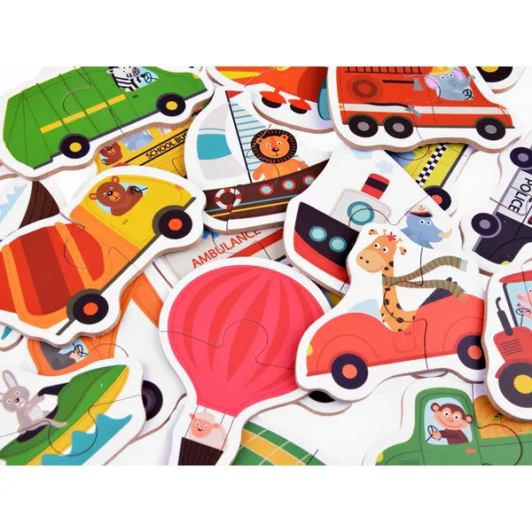 Járműves kirakó készlet, 23 db kétrészes karton puzzle, 3+ év