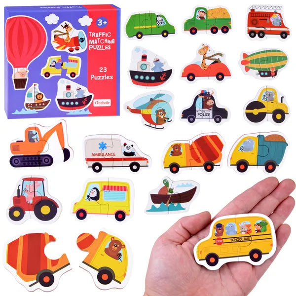 Járműves kirakó készlet, 23 db kétrészes karton puzzle, 3+ év