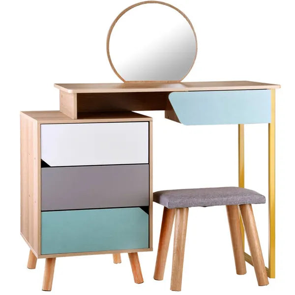 Gyerek sminkasztal tükörrel és zsámollyal, 4 fiókkal, MDF, 109 cm