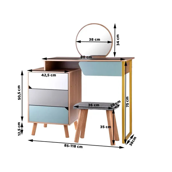 Gyerek sminkasztal tükörrel és zsámollyal, 4 fiókkal, MDF, 109 cm