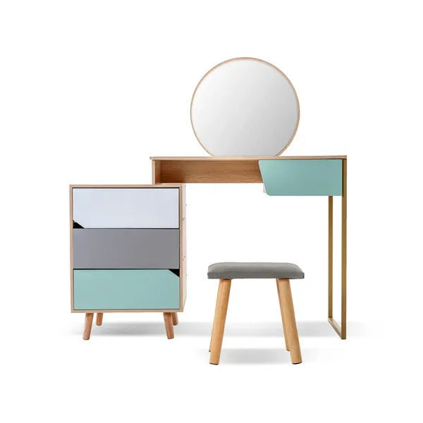Gyerek sminkasztal tükörrel és zsámollyal, 4 fiókkal, MDF, 109 cm