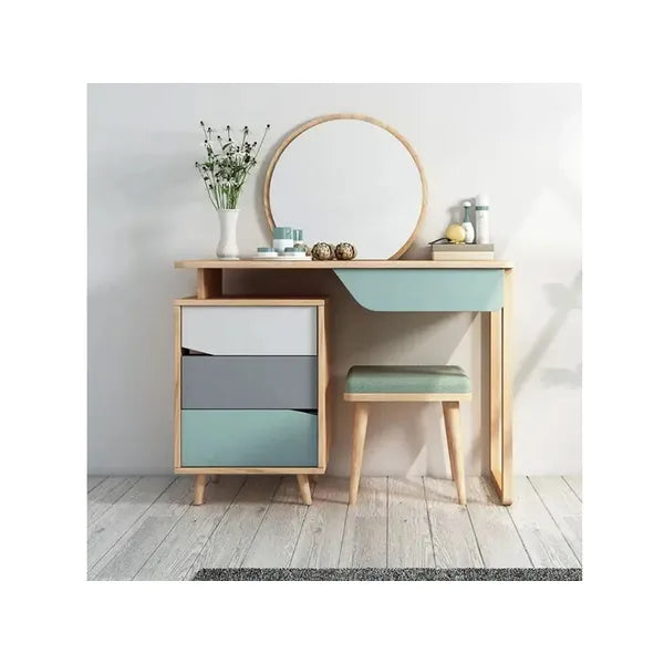 Gyerek sminkasztal tükörrel és zsámollyal, 4 fiókkal, MDF, 109 cm