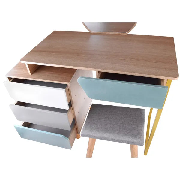 Gyerek sminkasztal tükörrel és zsámollyal, 4 fiókkal, MDF, 109 cm