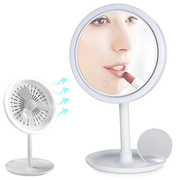 LED kozmetikai sminktükör ventilátorral, 5× nagyítás, USB/akkumulátor, 20 cm