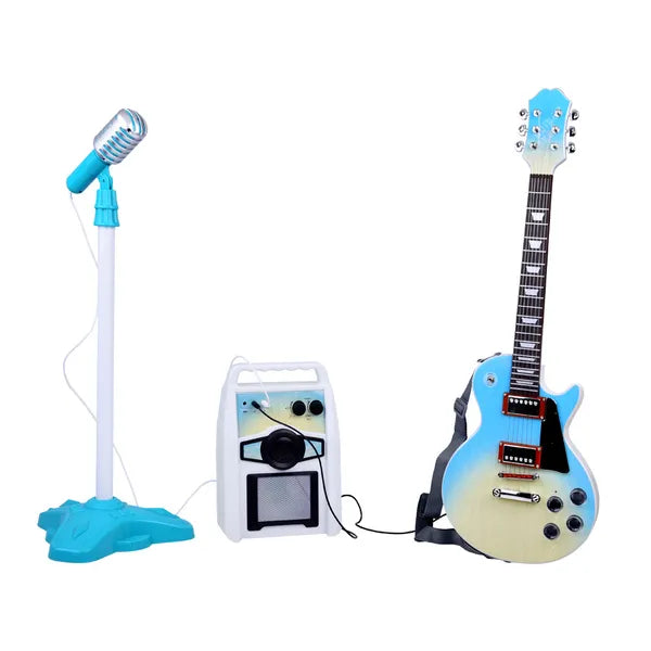 Gyerek elektromos gitár erősítővel és állítható mikrofonnal, világoskék