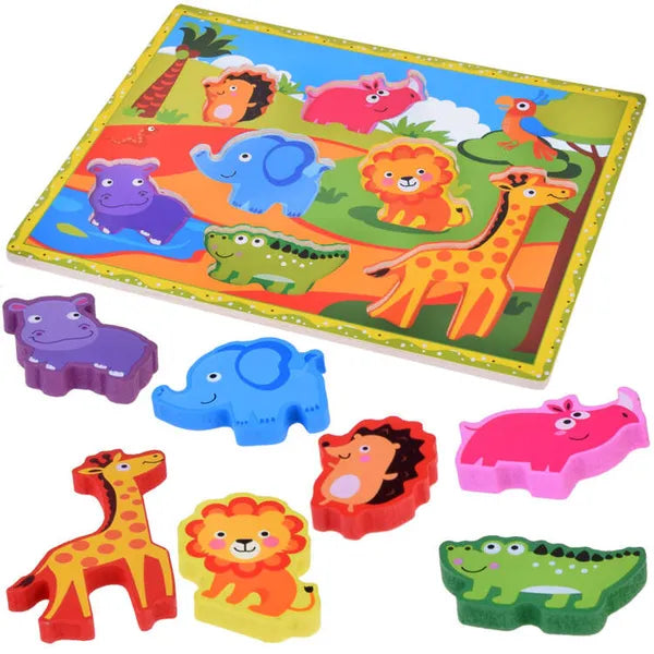 Fa formaillesztő puzzle safari állatokkal, 7 darabos, 30×22 cm