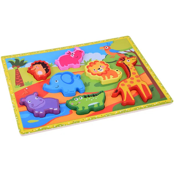 Fa formaillesztő puzzle safari állatokkal, 7 darabos, 30×22 cm