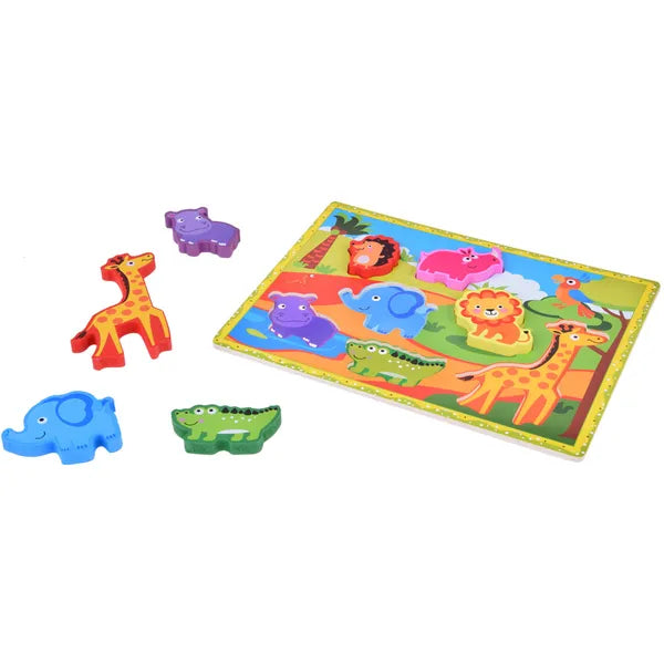 Fa formaillesztő puzzle safari állatokkal, 7 darabos, 30×22 cm