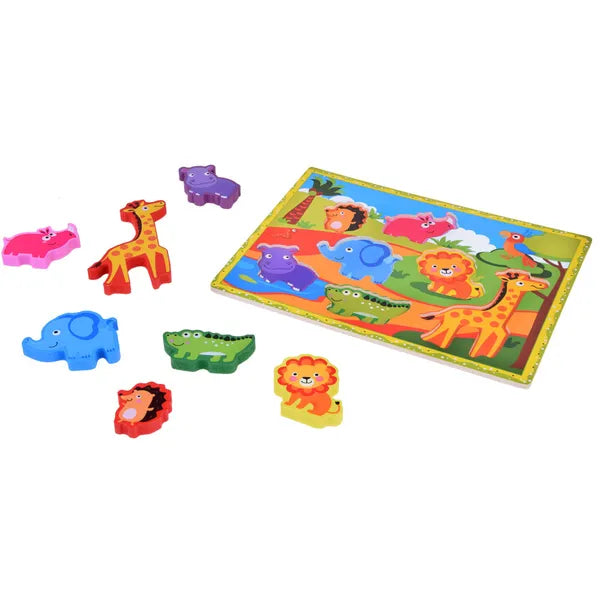 Fa formaillesztő puzzle safari állatokkal, 7 darabos, 30×22 cm
