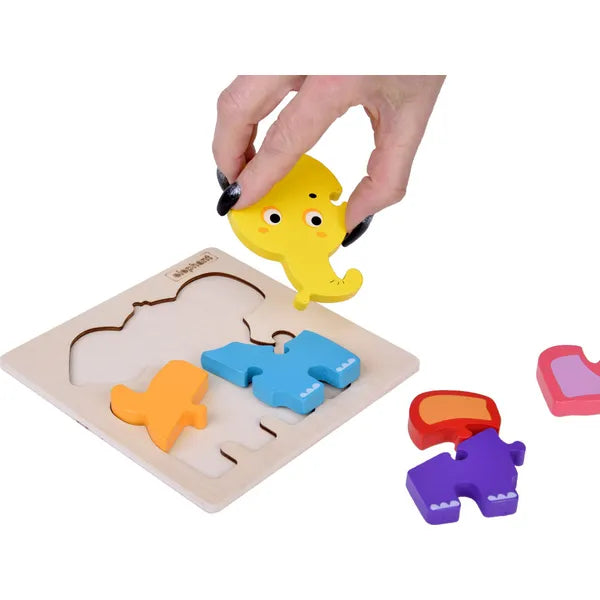 Színes elefánt fa kirakó, oktató puzzle, 6 db elem, 14,5×14,5 cm