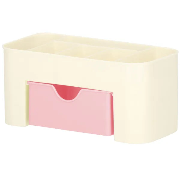 Krém–rózsaszín PP asztali kozmetikai rendszerező 6 rekesszel, fiókkal 21×10×10 cm