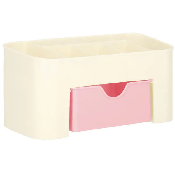 Krém–rózsaszín PP asztali kozmetikai rendszerező 6 rekesszel, fiókkal 21×10×10 cm