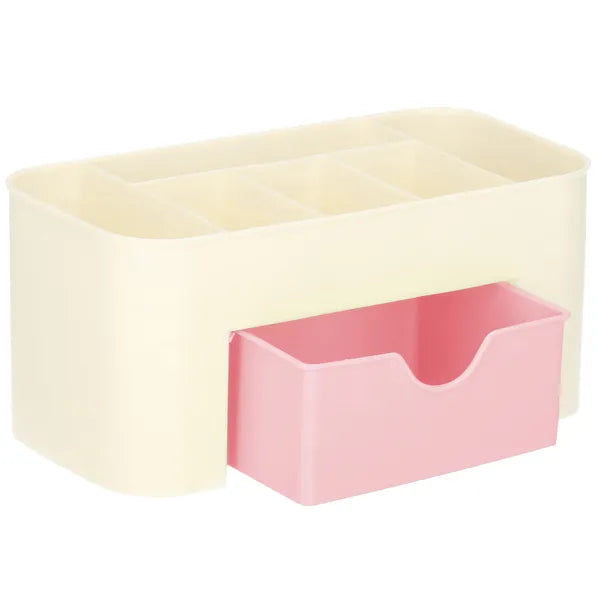 Krém–rózsaszín PP asztali kozmetikai rendszerező 6 rekesszel, fiókkal 21×10×10 cm