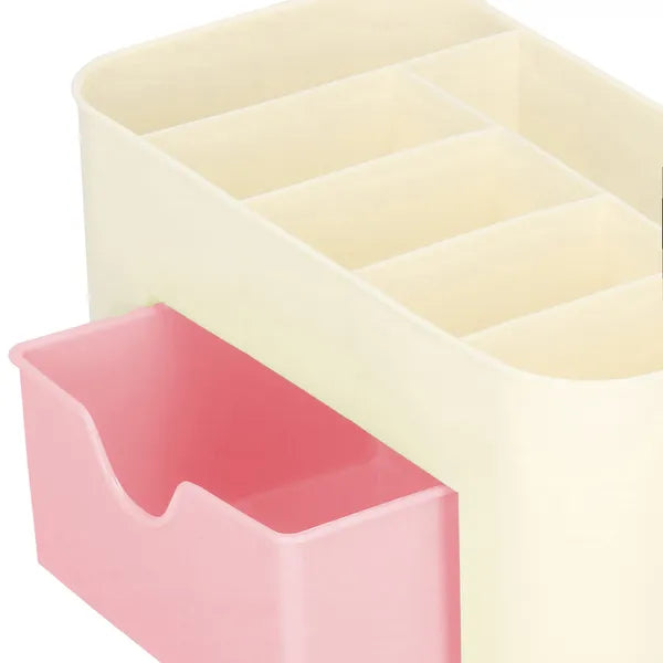 Krém–rózsaszín PP asztali kozmetikai rendszerező 6 rekesszel, fiókkal 21×10×10 cm